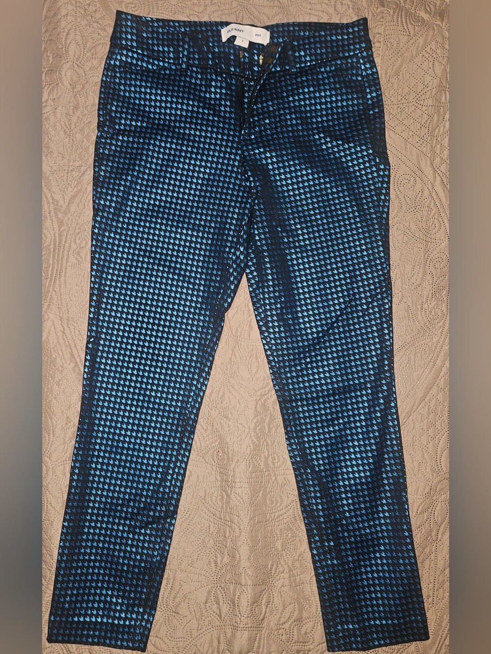 Old Navy Pixie Metallic Blue Black Houndstooth Jacquard Ankle Pants Size 4”.